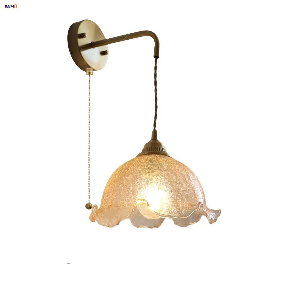 Afralia™ Amber Glass LED Wall Sconce with Pull Chain Switch for Bedroom and Bathroom