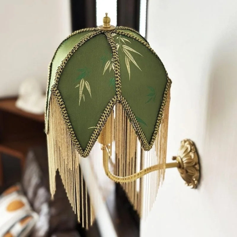Afralia™ Fabric Tassel LED Wall Lamp Vintage Copper Arm for Bedroom Living Room
