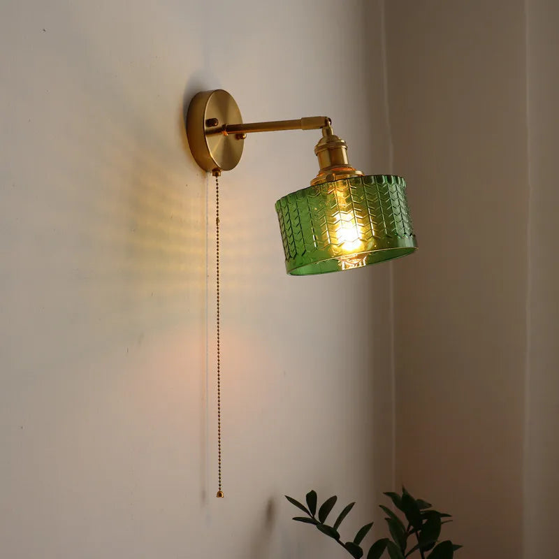 Afralia™ Retro Copper Glass LED Wall Lamp with Pull Chain Switch for Living Room