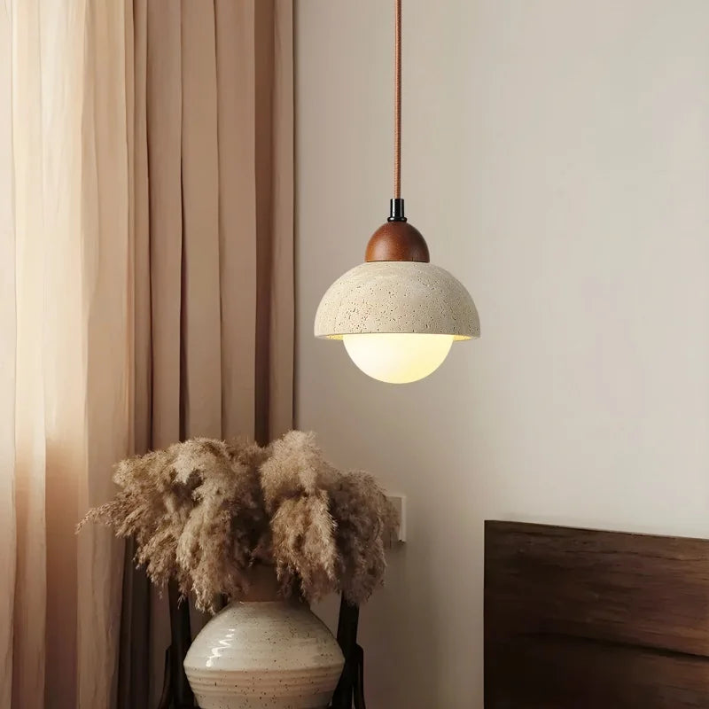 Afralia™ Vintage Stone LED Hanging Lamp Wood Yellow Travertine Pendant Lighting