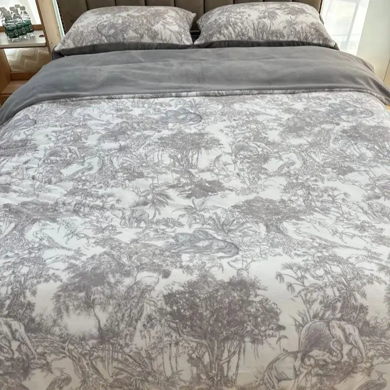 Afralia™ Forest Plants Prints Velvet Bedding Set, Winter Warm, 4Pcs: Duvet Cover, Sheet, Pillowcases