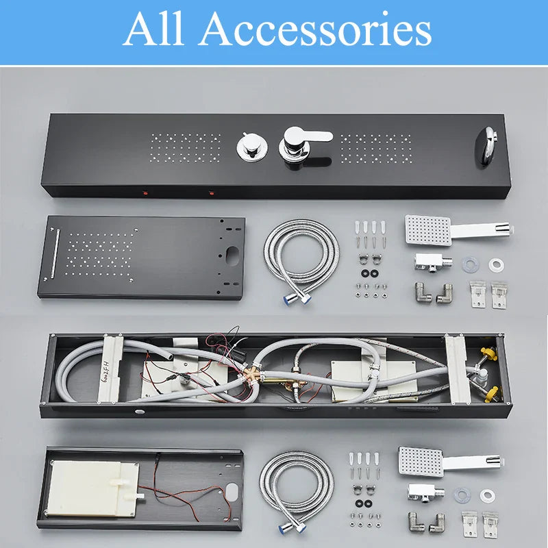 Afralia™ Black LED Shower Faucet Panel with Waterfall Rain System & Massage Spa Spout