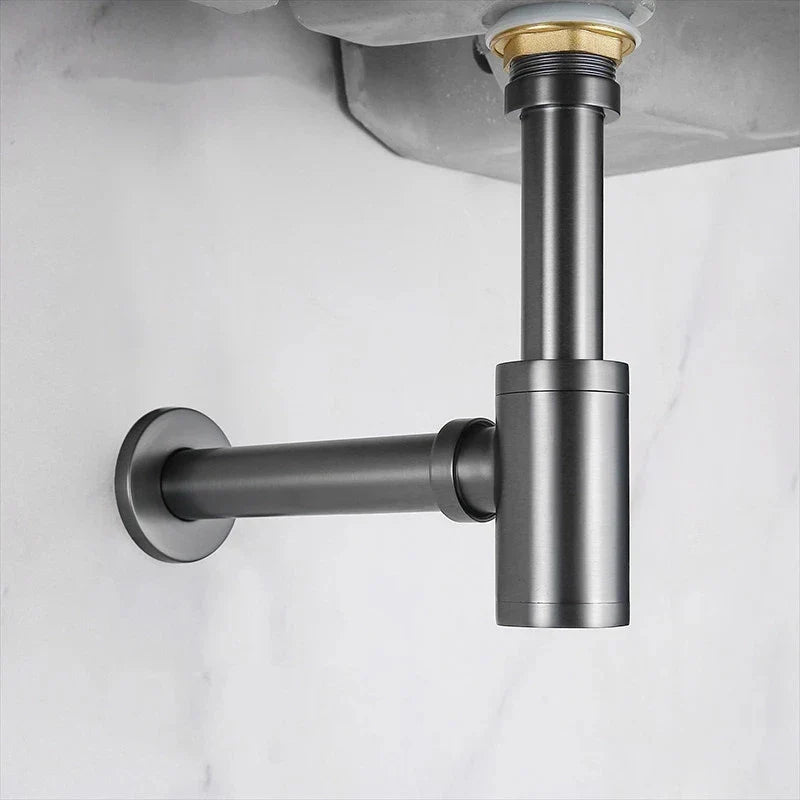 Afralia™ Brass Round Siphon P-Trap Set with Pop-Up Drainer Gun Grey