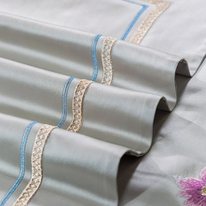 Afralia™ 200S Embroidered Egyptian Cotton Bedding Set Queen King Sheets Duvet Cover