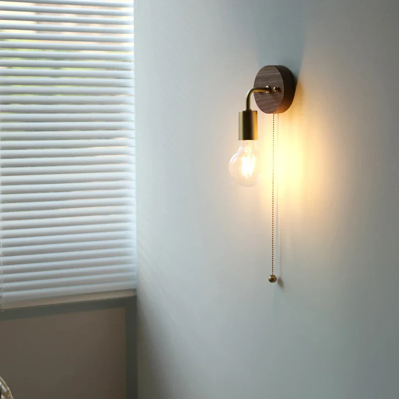 Afralia™ Walnut Wood LED Wall Light with Pull Chain Switch & Clear Glass Sconce