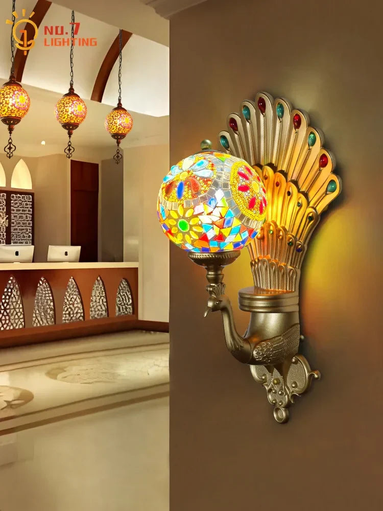 Afralia™ Peacock Tiffany Glass LED Wall Lamp for Bohemian Decor