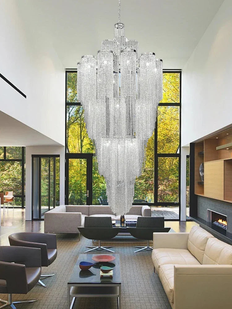 Afralia™ Waterfall Crystal Pendant Light in Silver/Gold - Elegant High Ceiling Villa Duplex Lamp