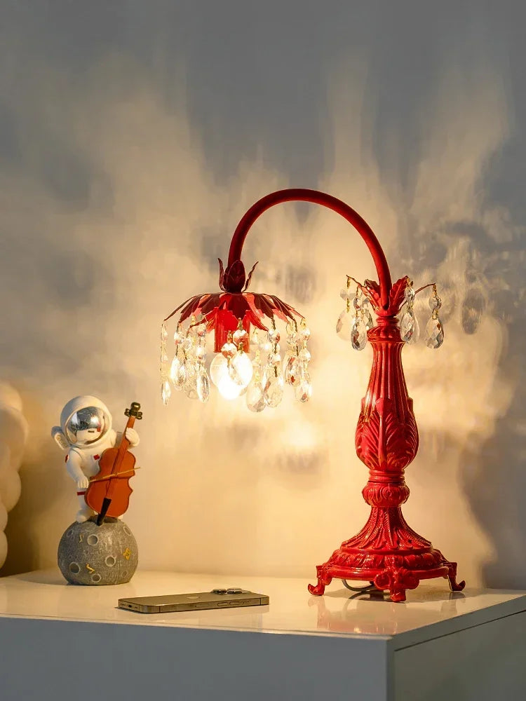 Afralia™ Elegant Crystal Wedding Table Lamp | Red Wedding Room Bedside Ever-Burning Lamp
