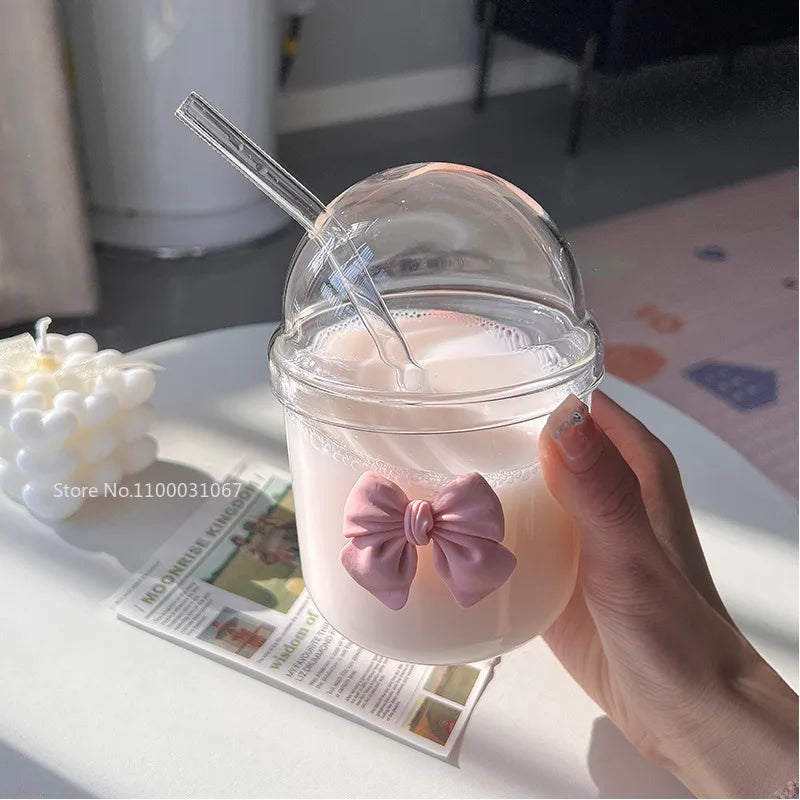 Afralia™ Glass Cup with Lid, Straw, and Pink Bow Tie: Cute, Simple, High-Value Coffee Cup