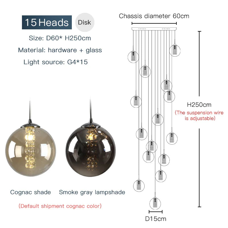 Afralia™ Modern Glass Ball Chandelier Spiral Light for Living Room, Staircase, Hotel, Villa