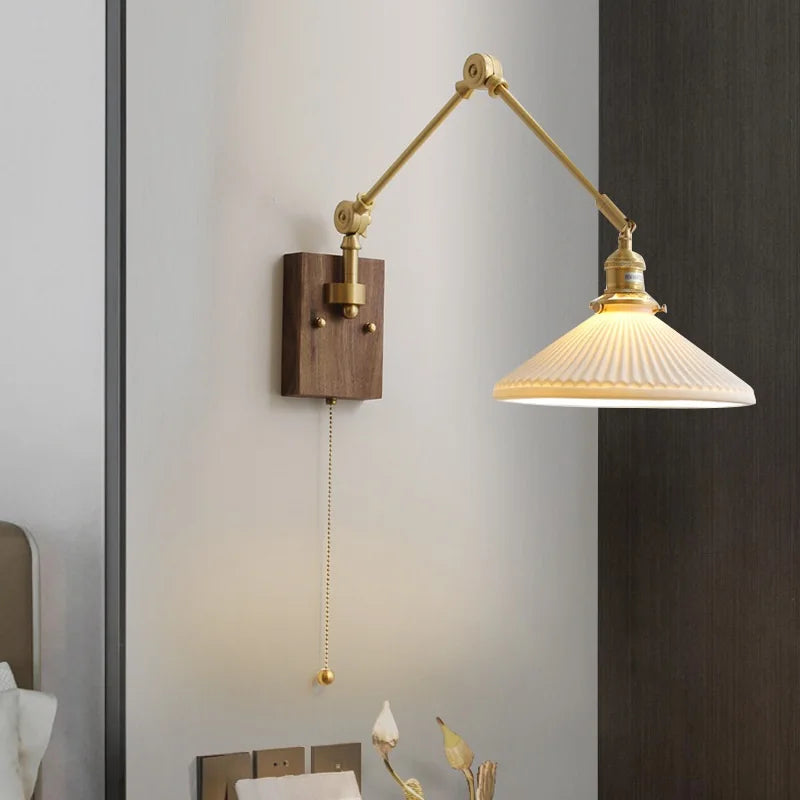 Afralia™ Copper Swing Arm LED Wall Sconce Pull Chain Switch Rotate Walnut Canopy
