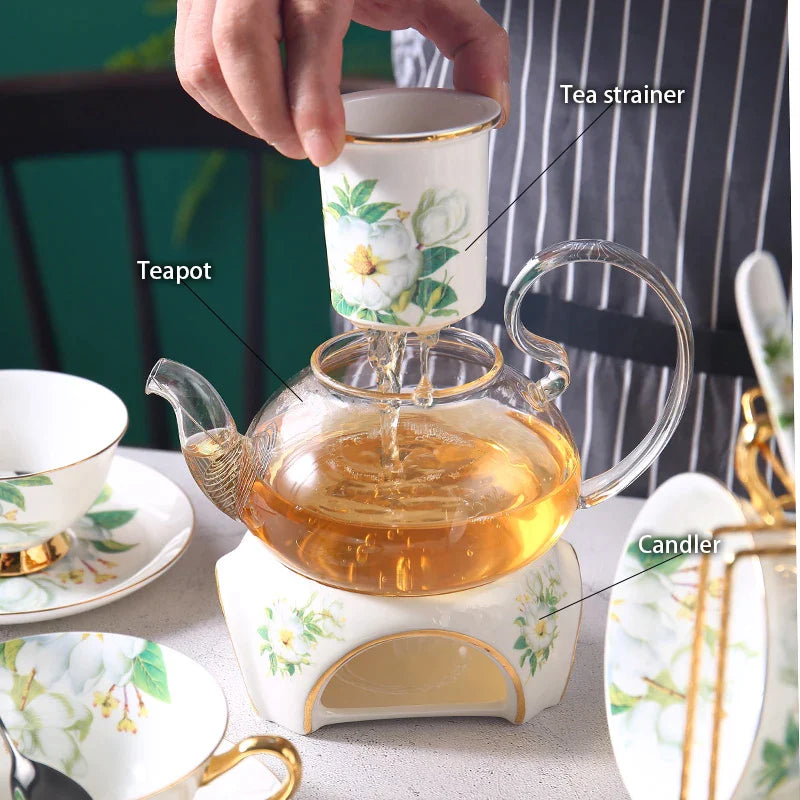 Afralia™ Camellia Floral Tea Set Bone China Glass Teapot & Ceramic Teacup Pot Strainer