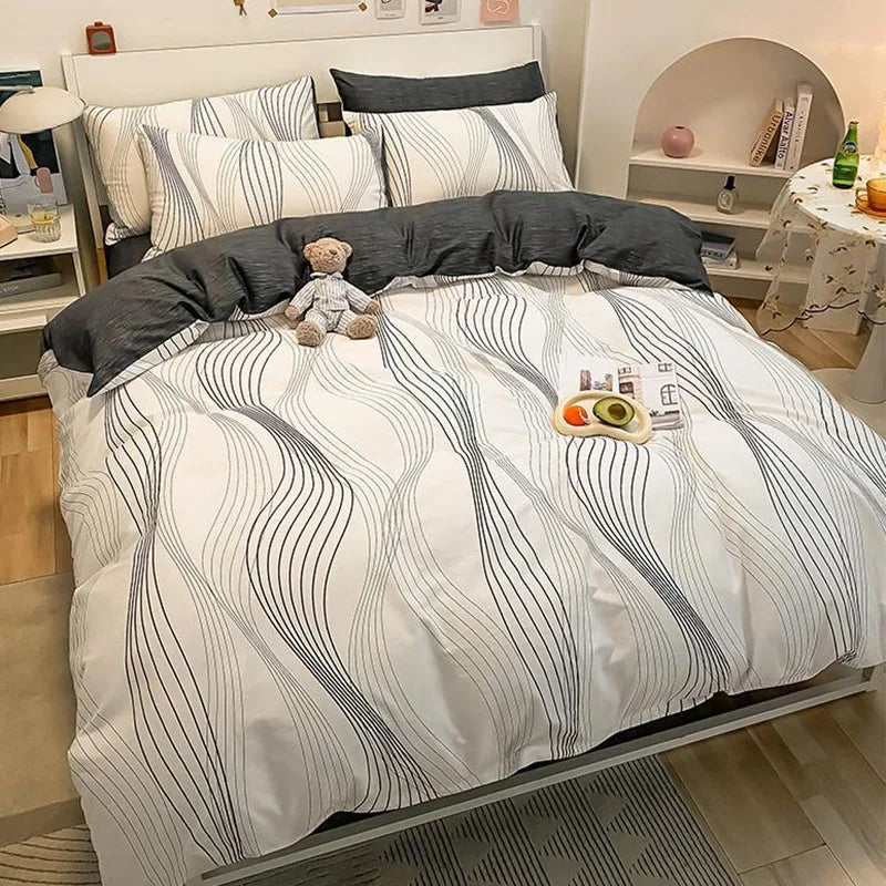 Afralia™ Pure Cotton Striped Bedding Set Duvet Cover Fitted Sheet Kit for Single/Double