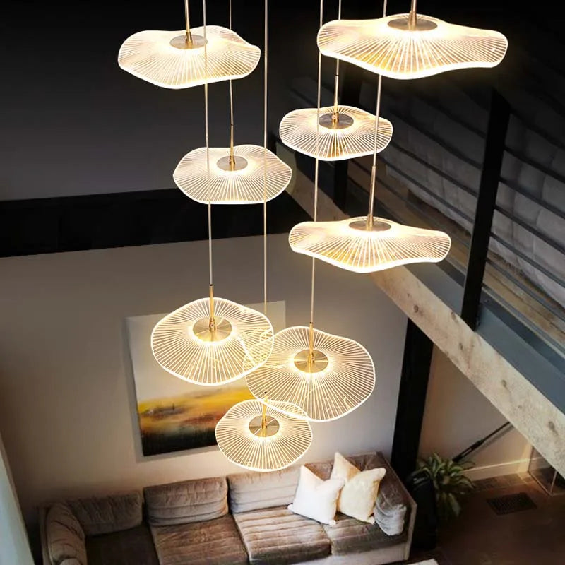 Afralia™ Modern LED Lotus Chandelier for Staircase Dining Room Luxury Gold Hanging Lamp