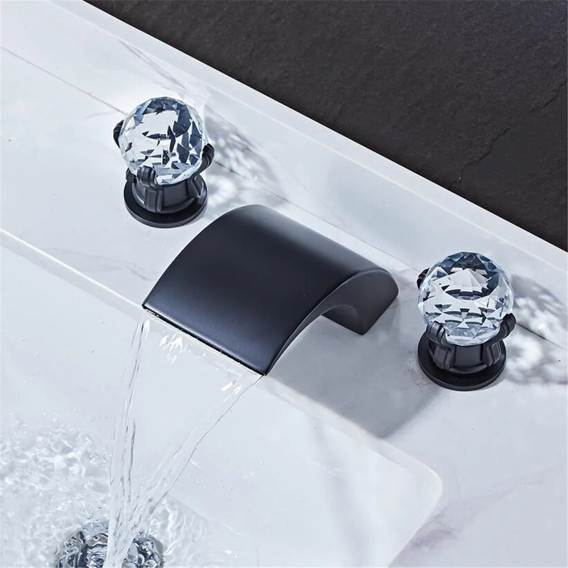 Afralia™ Black Basin Faucet: Brass Gold Crystal Sink Faucet, 3 Hole Waterfall Tap