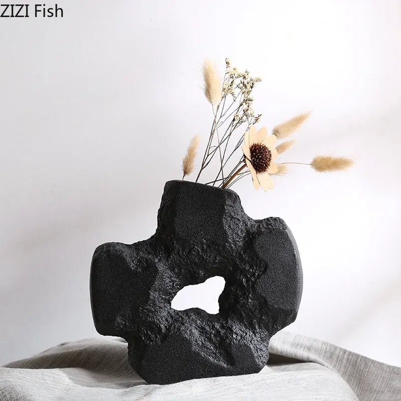 Afralia™ Ceramic Stone Vase with Floral Accessories, Black and White Home Decoration