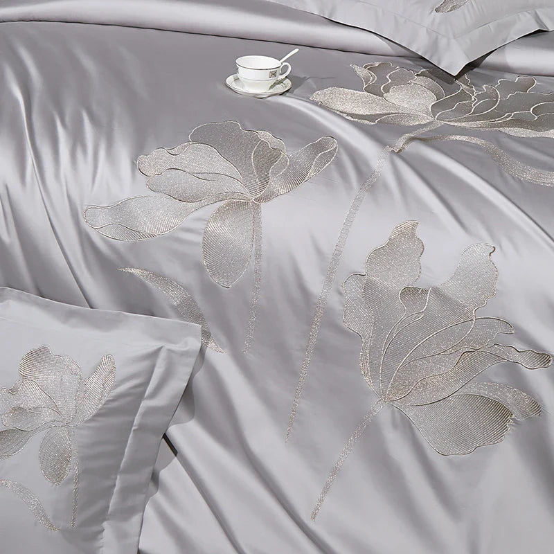 Afralia™ Luxury Flower Embroidery 1000TC Egyptian Cotton Bedding Set - 4Pcs