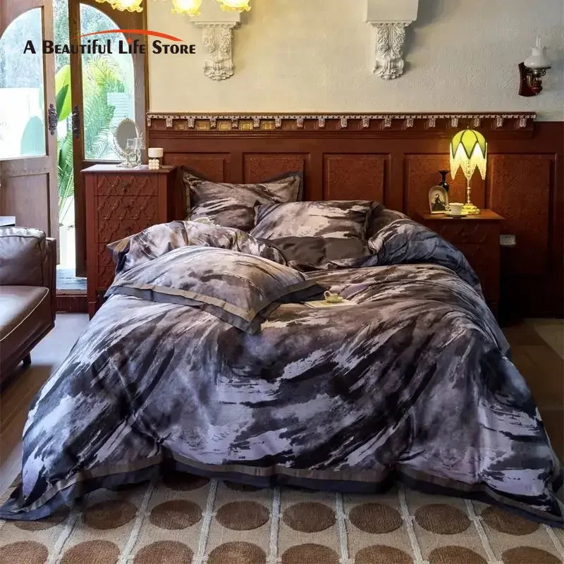 Afralia™ Vintage Digital Bedding Set 1000TC Egyptian Cotton Duvet Cover Set with Sheet & Pillowcases