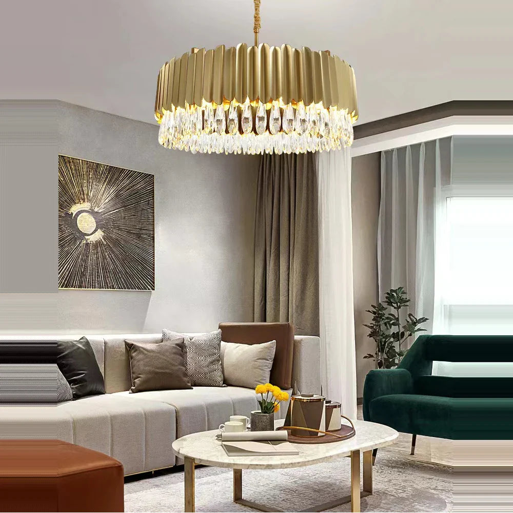 Afralia™ Crystal Pendant Lights: Dimmable LED Round Gold Lustres for Modern Luxury Living Room