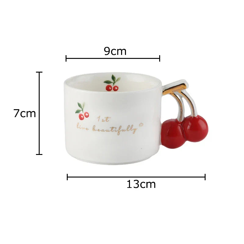 Afralia™ Cherry Pattern Porcelain Coffee Mug, Gilded Edge Teacup for Afternoon Tea & Juice