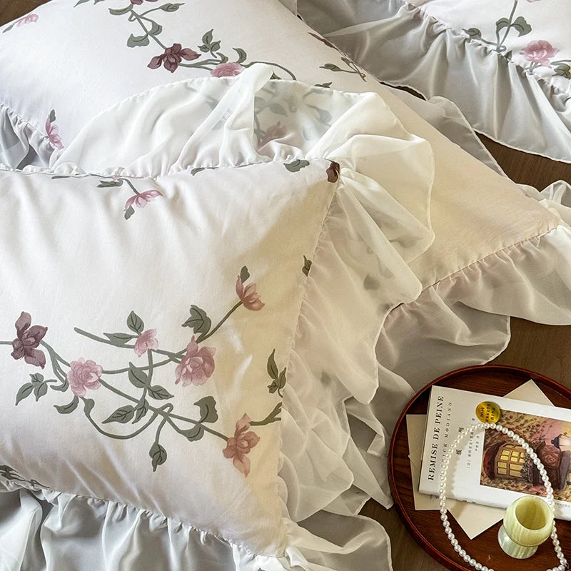 Afralia™ Lace Ruffles Princess Cotton Bedding Set, Floral Quilt Cover, Girls Wedding Home Textiles