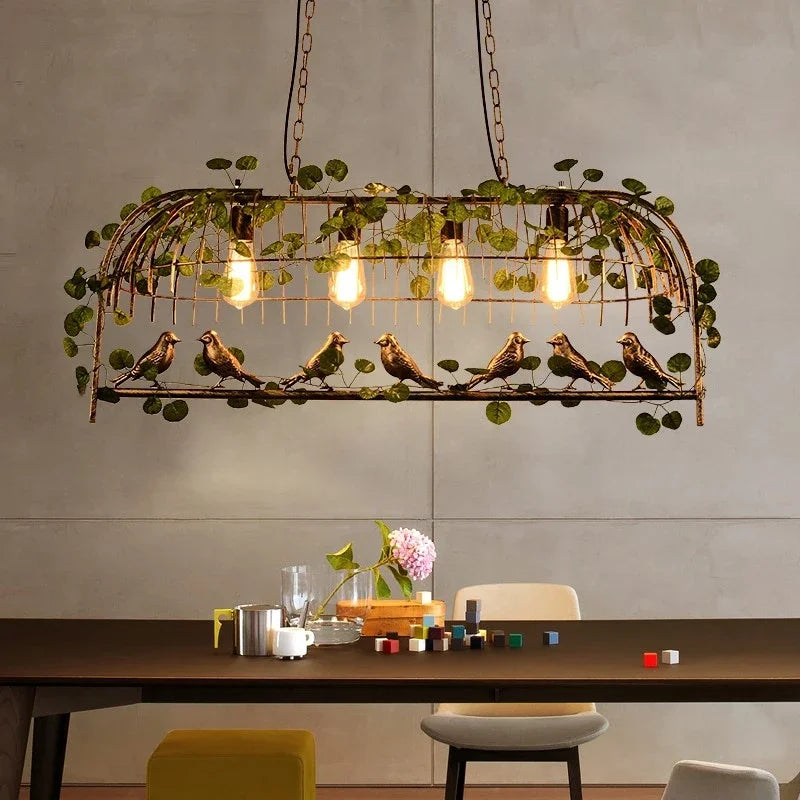 Afralia™ Iron Bird Cage Chandelier with Green Leaf Decoration and LED Lamps