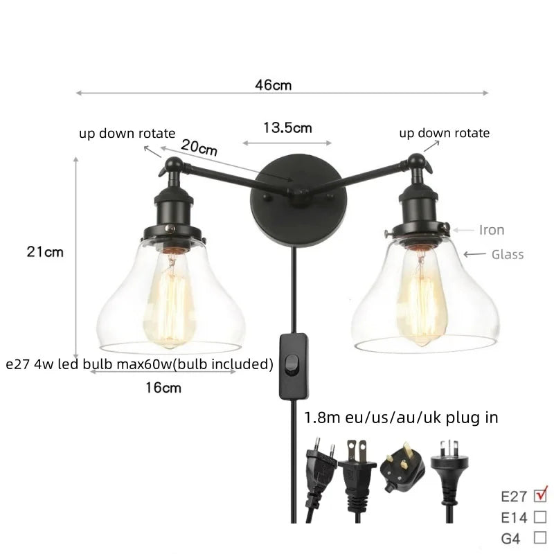 Afralia™ Black LED Wall Lamp Sconce Industrial Loft Vintage Bathroom Mirror Light