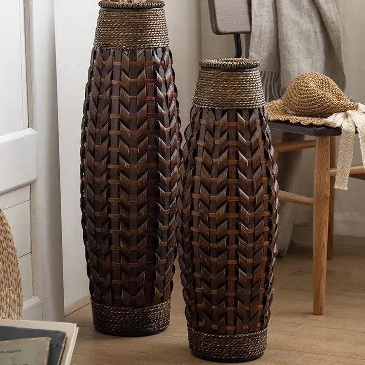 Afralia™ Bamboo Woven Vase Rattan Flower Glass Arrangement Dried Flower Basket Living Room Decor