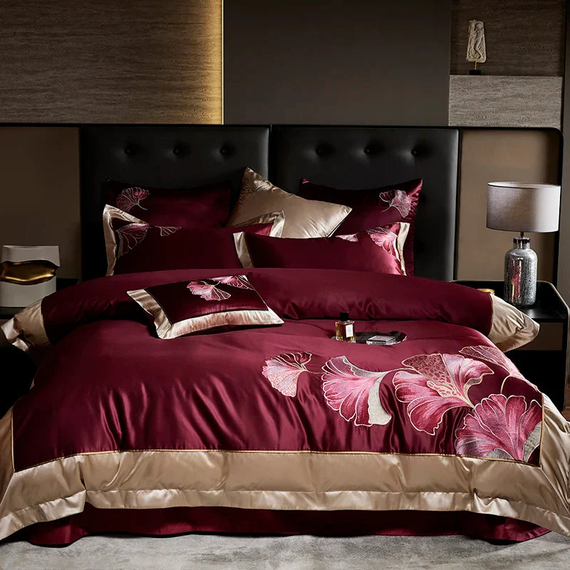 Afralia™ Ginkgo Biloba Embroidery 1000TC Egyptian Cotton Bedding Set