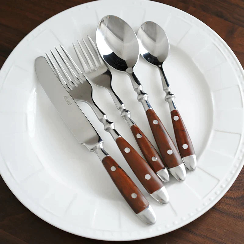 Afralia™ Wood Grain Cutlery Set, Rivet Handle, 5Pcs Tableware Kit