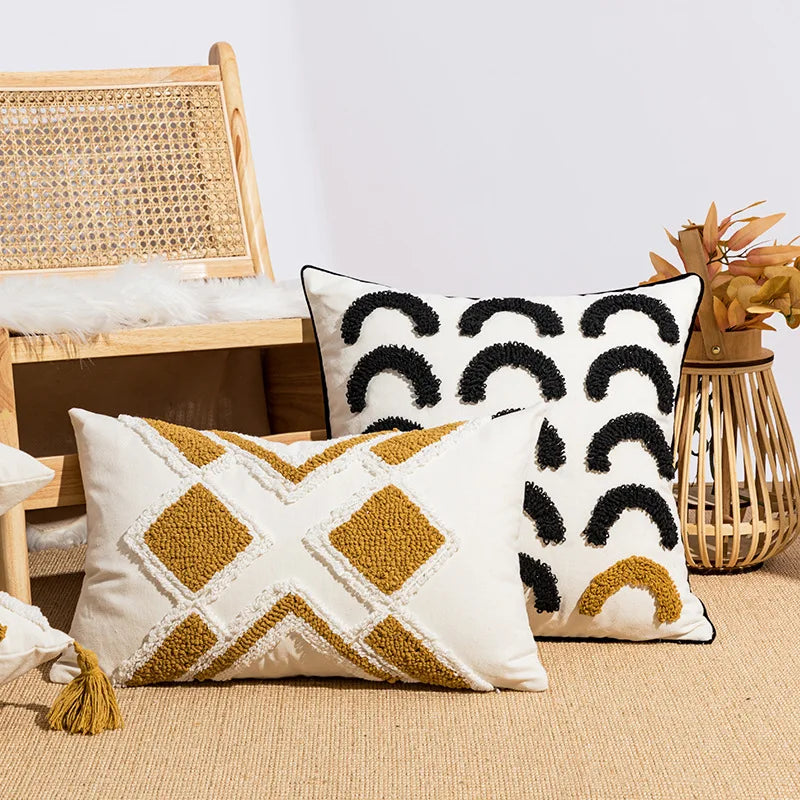 Boho Loop Tufte Cushion Cover Cotton Canvas Embroidered Pillowcase by Afralia™