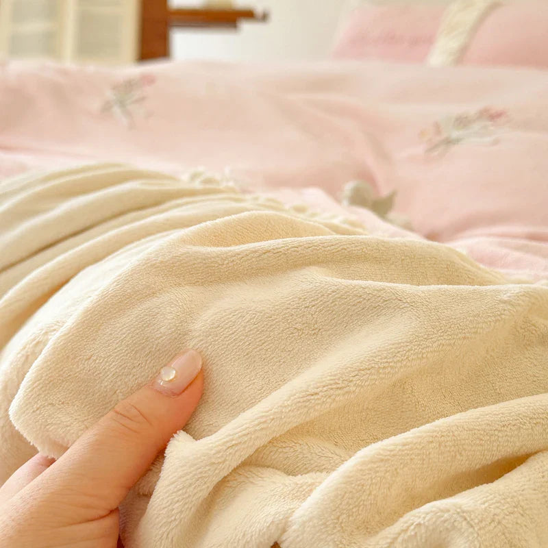 Afralia™ Fleece Embroidered Floral Velvet Bedding Set with Plush Patchwork in Pink