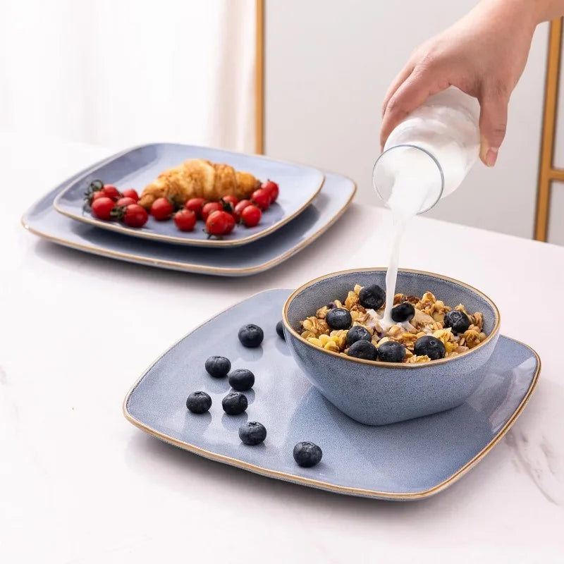 Stylish-Dishes Ceramic Dinnerware Set for 4 - 12 Pieces Square Handpainted Plates and Bowls Set