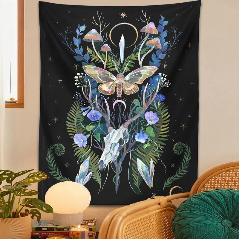 Afralia™ Deer Skull Mushroom Moon Wall Hanging Psychedelic Tapestry Witchcraft Decor