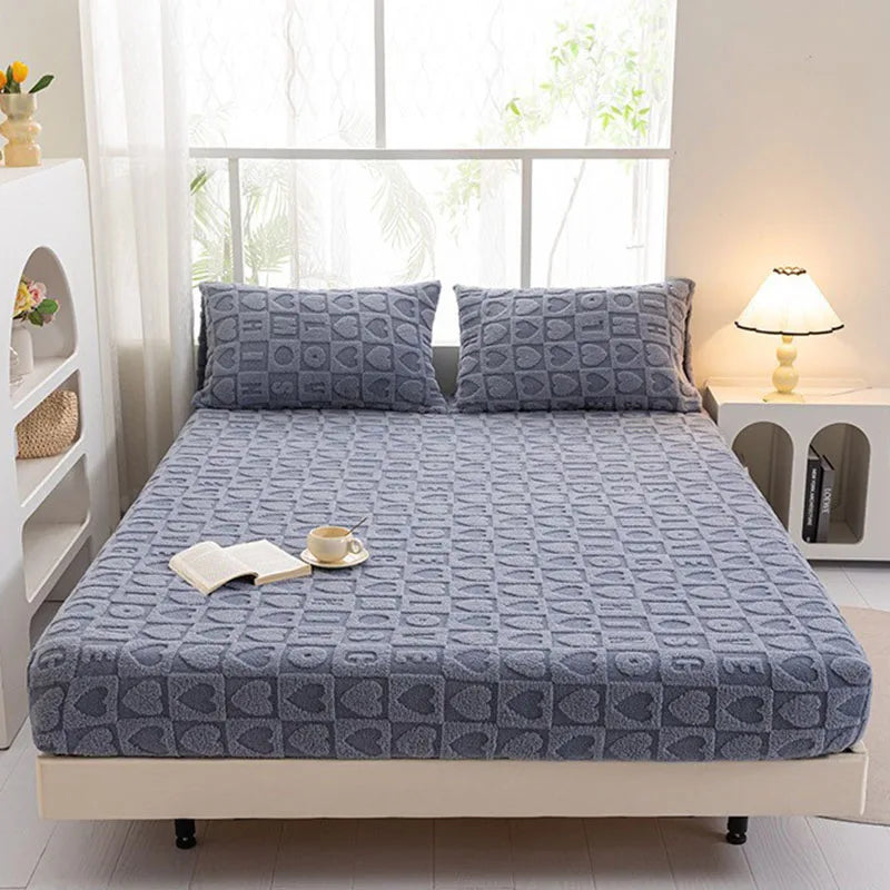 Afralia™ Tafu Velvet Fitted Sheet Coral Fleece Anti-Slip Bed Cover Grid Jacquard