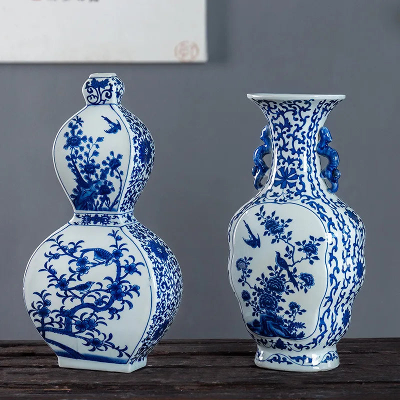 Afralia™ Blue White Porcelain Flower Bird Two Ear Vase Antique Ornaments Jingdezhen