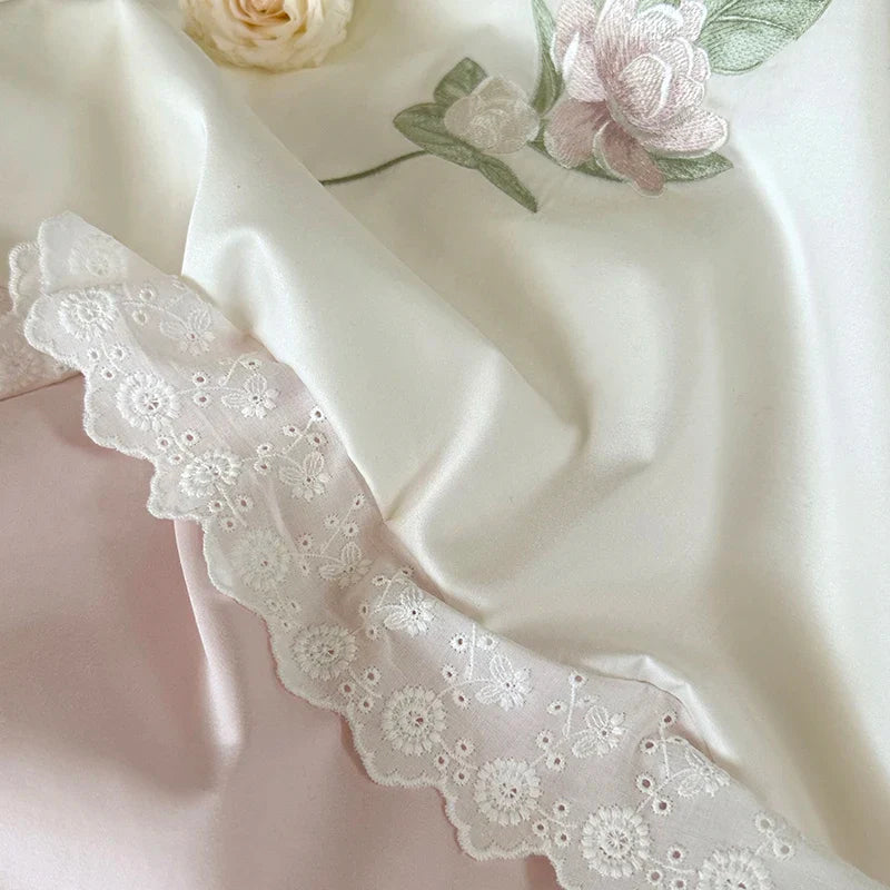 Afralia™ Flowers Embroidery Lace Princess Bedding Set 1000TC Egyptian Cotton Duvet Cover Set
