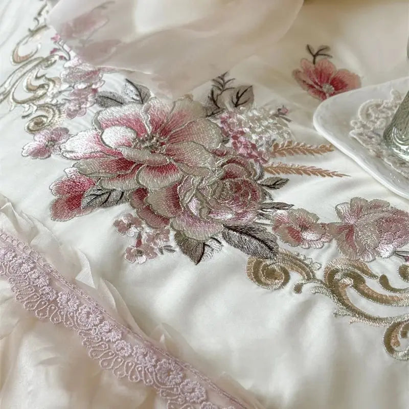 Afralia™ Elegant Flowers Embroidery Lace Princess Wedding Bedding Set - 1200TC Cotton Duvet Cover
