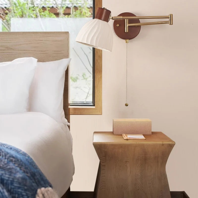 Afralia™ Walnut Wood LED Wall Sconce Pull Chain Switch Stair Light