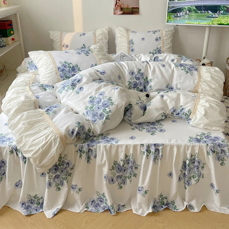Afralia™ Korean Princess Flowers Bedding Set - Duvet Cover, Bed Skirt, Pillowcases