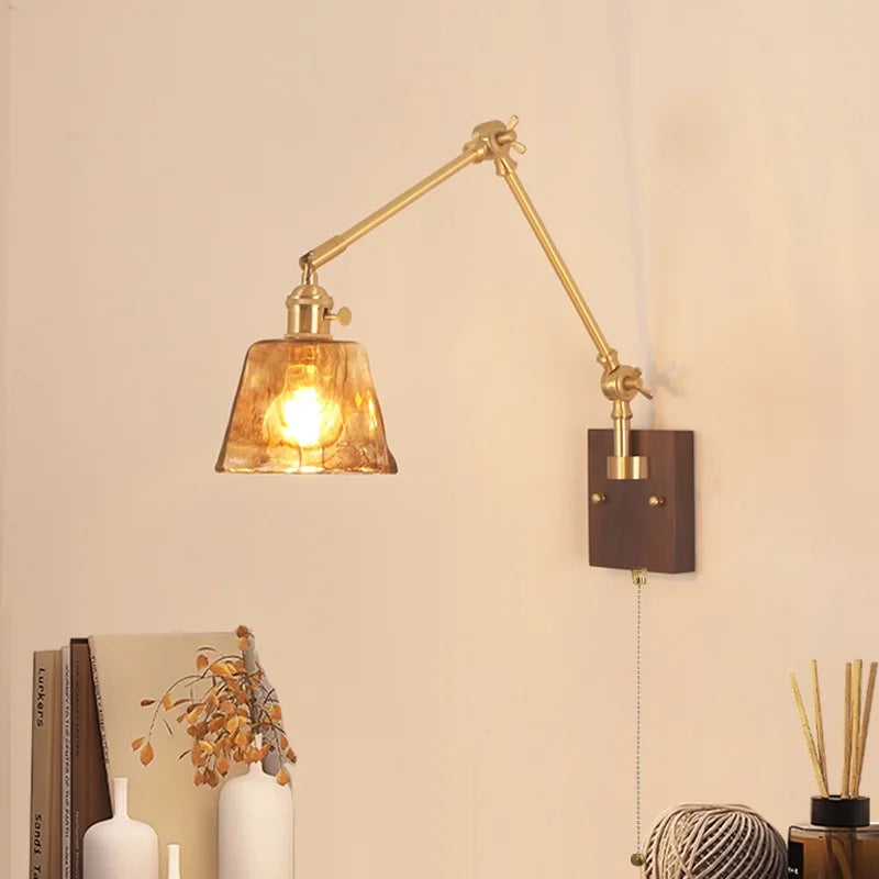 Afralia™ Wood LED Wall Light with Pull Chain Switch & Rotatable Amber Glass