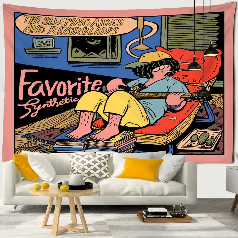 Afralia™ Cute Girl Cartoon Tapestry Wall Hanging for Kawaii Aesthetics Room Decor