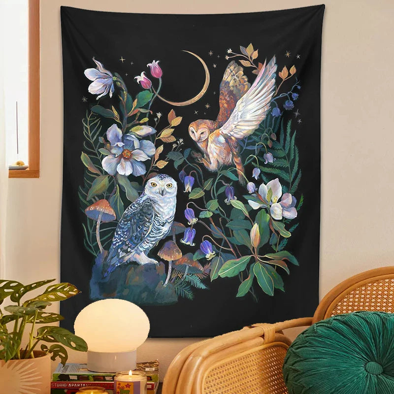 Afralia™ Owls Night Garden Tapestry Wall Hanging - Psychedelic Moon Magic Plant Flower Tapestries