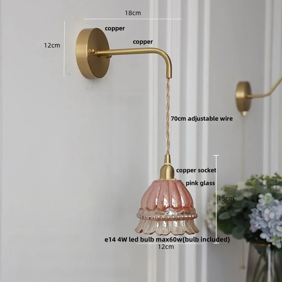 Afralia™ Amber Glass LED Wall Light Pull Chain Switch Modern Flower Sconce