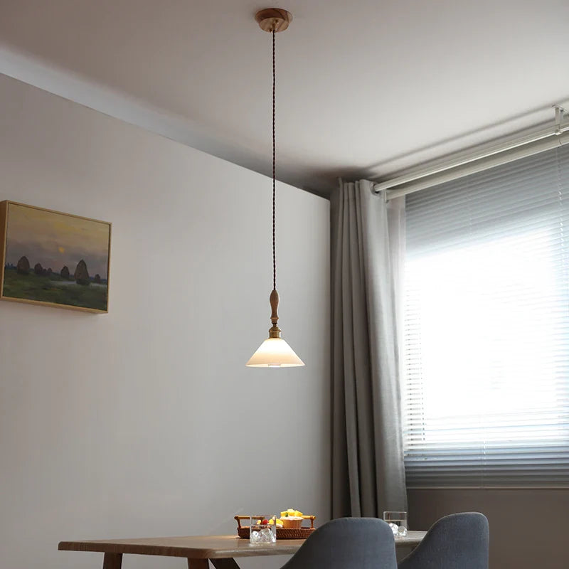 Afralia™ White Glass LED Pendant Light Fixture Modern Nordic Hanging Lamp Wood Ash