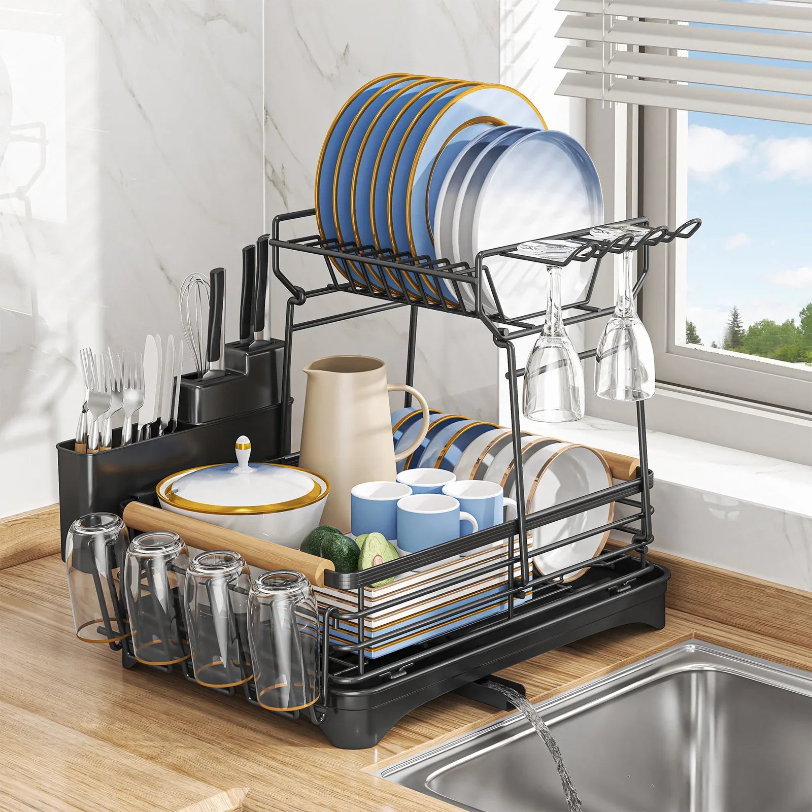 Afralia™ Kitchen Utensil Drainer Rack with Chopstick Cage and Drainboard
