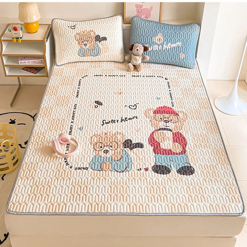 Afralia™ Cartoon Pattern Latex Mattress Set for Home, 3-Layer Rebound Soft Breathable Bed Sheets