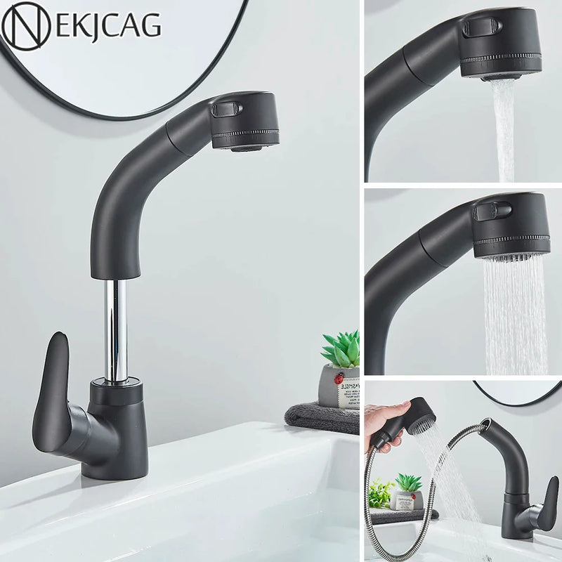 Afralia™ Black Basin Faucet: Pull Out Sink Mixer Tap with 360° Rotation and Hot&Cold Sprayer