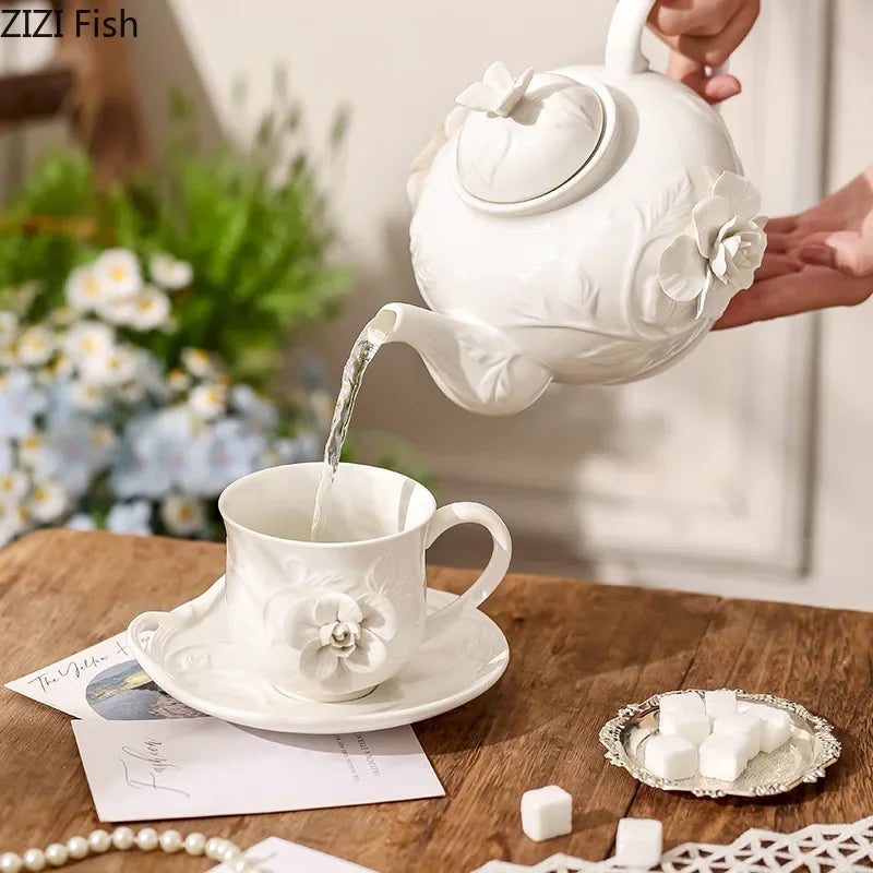 Afralia™ Relief Floral Patterns Porcelain Coffee Mug Set - Elegant Tea and Juice Cup