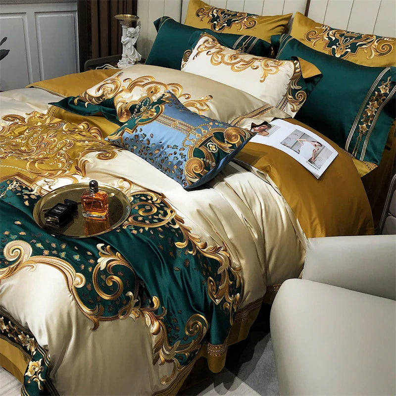 Afralia™ Luxe Vintage Brocade Cotton Gold Embroidered Bedding Set